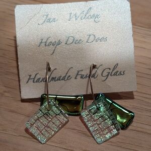 Source Unknown Green and Gold Fused Glass Earrings